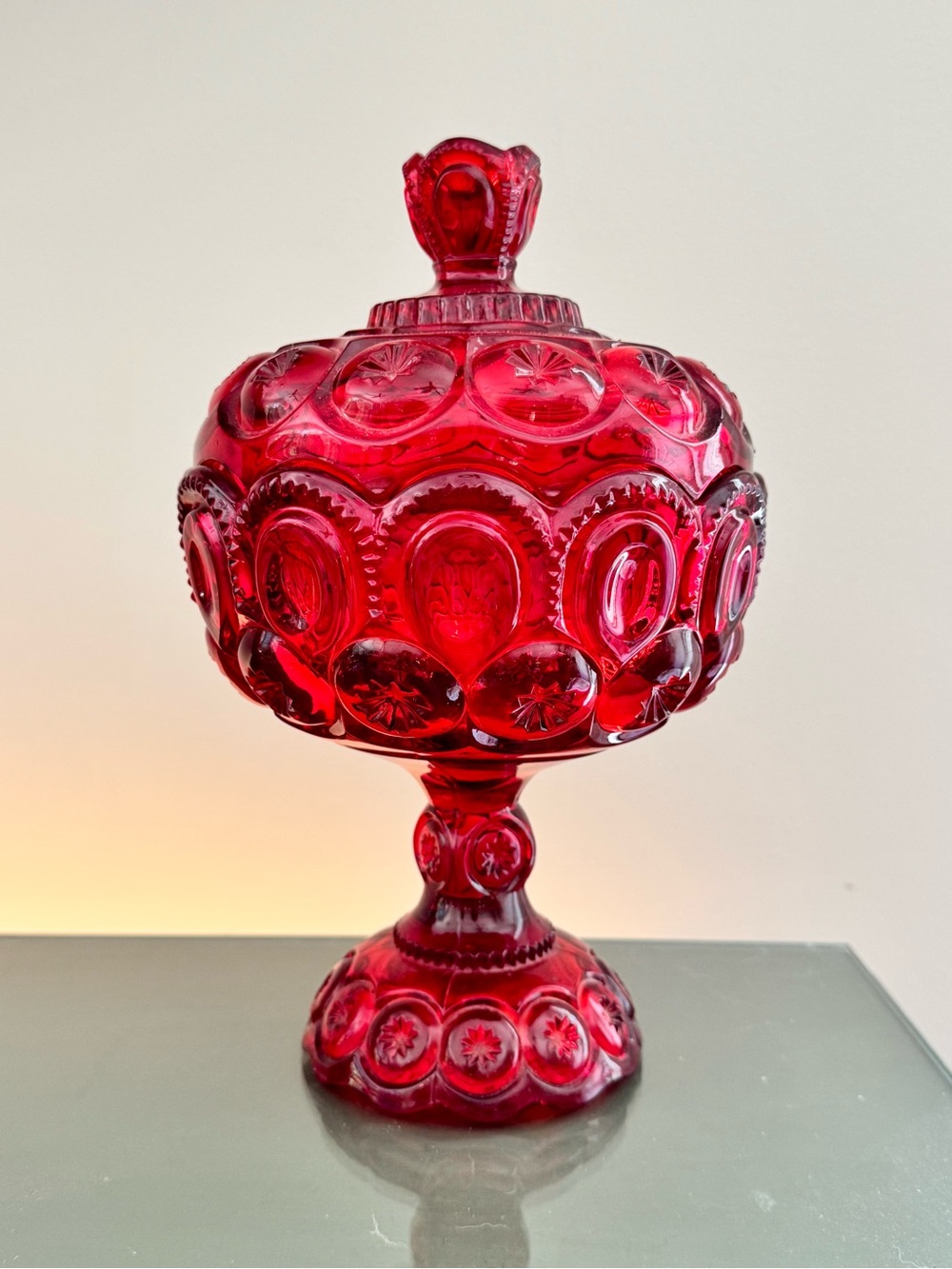 Vintage L E Smith Ruby Red Glass Moon & Stars Pedestal Compote w/Lid